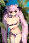  1girl absurdly_long_hair bare_shoulders blush breasts brown_eyes character_request cleavage closed_mouth collarbone copyright_request eyebrows_visible_through_hair highres large_breasts long_hair looking_at_viewer navel pink_hair shiro_hougyoku solo twintails very_long_hair 