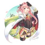  1boy black_bow bow braid cape fang fate/apocrypha fate/grand_order fate_(series) garter_straps hair_intakes hair_ribbon male_focus open_mouth pink_hair ribbon rider_of_black salute single_braid trap violet_eyes 