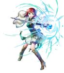  1girl boots breasts cape feathers fire_emblem fire_emblem:_rekka_no_ken fire_emblem_heroes full_body green_eyes highres kaya8 knee_boots medium_breasts official_art open_mouth priscilla_(fire_emblem) redhead ribbon see-through serious solo staff teeth transparent_background 