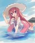  1girl :d alternate_costume artist_request bunny_hair_ornament commentary_request crescent crescent_hair_ornament hair_ornament hat in_water innertube kantai_collection long_hair looking_at_viewer low-tied_long_hair open_mouth red_eyes redhead school_swimsuit shirt smile solo sun_hat swimsuit uzuki_(kantai_collection) wet wet_clothes wet_shirt 