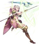  1girl armor armored_boots boots breastplate elfi_(fire_emblem_if) fire_emblem fire_emblem_heroes fire_emblem_if full_body green_eyes grey_hair haccan hair_bun highres official_art open_mouth polearm solo spear teeth transparent_background weapon 