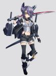  1girl adapted_costume alternate_costume black_jacket black_legwear black_shorts breasts cannon cleavage eyepatch full_body grey_background headgear highres jacket kantai_collection machinery medium_breasts minosu navel purple_hair sheath short_hair shorts simple_background solo sword tenryuu_(kantai_collection) thigh-highs weapon yellow_eyes 