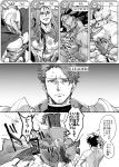  1girl 6+boys annoyed bare_chest berserker bob_cut cape clenched_teeth comic cu_chulainn_alter_(fate/grand_order) fate/grand_order fate/stay_night fate_(series) fujimaru_ritsuka_(male) gameplay_mechanics greyscale hamitamako lancelot_(fate/grand_order) leonidas_(fate/grand_order) mask monochrome multiple_boys muscle pectorals pout sakata_kintoki_(fate/grand_order) sharp_teeth shield shielder_(fate/grand_order) sunglasses teeth 