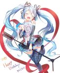  1girl 2017 ^_^ bangs black_boots black_skirt blue_hair blush boots character_name closed_eyes collared_shirt detached_sleeves eyebrows_visible_through_hair facing_viewer grey_shirt happy_birthday hatsune_miku heart highres holding long_hair microphone_stand open_mouth pleated_skirt shirt simple_background skirt smile solo teeth thigh-highs thigh_boots thighs twintails umibouz very_long_hair vocaloid white_background zettai_ryouiki 