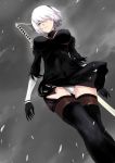  1girl breasts clouds covered_navel dutch_angle fengya from_below gloves gluteal_fold hair_over_one_eye highres katana large_breasts leotard nier_(series) nier_automata orange_eyes short_hair snowing solo sword sword_on_back thigh-highs thighs weapon white_hair yorha_no._2_type_b zettai_ryouiki 