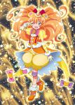 1girl animal_ears ankle_boots bangs bear_ears blouse blue_eyes boots brooch cure_mofurun elbow_gloves eyebrows_visible_through_hair full_body gloves hat highres jewelry long_hair looking_at_viewer mahou_girls_precure! mini_hat mini_witch_hat mofurun_(mahou_girls_precure!) nakahira_guy one_eye_closed open_mouth orange_blouse orange_boots orange_hair overskirt personification precure smile solo standing star starry_background white_gloves witch_hat yellow_bloomers yellow_hat 