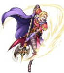 1boy armor axe blonde_hair boots cape fire_emblem fire_emblem:_fuuin_no_tsurugi fire_emblem_heroes full_body gloves highres male_focus nacien official_art open_mouth solo teeth transparent_background weapon yamada_koutarou 