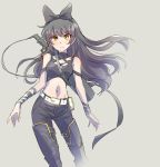  1girl alternate_costume black_hair blake_belladonna bow commentary_request gambol_shroud hair_bow highres iesupa navel rwby solo yellow_eyes 