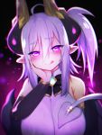  1girl ahoge blush closed_mouth demon_tail eteru_(mofuaki) eyebrows_visible_through_hair glowing glowing_eyes horns looking_at_viewer mofuaki original pointy_ears short_hair smile solo tail tongue tongue_out upper_body violet_eyes white_hair 