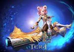  1girl animal_ears armor artist_request blue_eyes bodysuit braid cannon copyright_name elin_(tera) gun high_heels huge_weapon legs_up long_hair official_art open_mouth outstretched_arms pink_hair raccoon_ears shoes sitting smile solo spread_legs tera_online twin_braids twintails weapon 