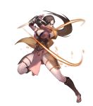  1girl breasts brown_eyes brown_hair cleavage dagger fire_emblem fire_emblem_heroes fire_emblem_if full_body greaves hair_over_one_eye highres kagerou_(fire_emblem_if) lack large_breasts long_hair official_art ponytail sandals sandals_barefoot scarf solo transparent_background weapon 