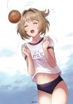  1girl artist_name bloomers bread bread_eating_race brown_hair closed_eyes clouds cloudy_sky commentary food gym_uniform hair_up idolmaster idolmaster_cinderella_girls jumping meto31 midriff mole mole_under_eye open_mouth ponytail shirt short_hair short_ponytail short_sleeves sky solo string sweat sweatdrop takagaki_kaede underwear 