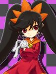  1girl ashley_(warioware) bangs big_hair black_hair checkered checkered_background closed_mouth commentary_request cowboy_shot dress flat_chest hairband holding holding_stuffed_animal long_hair long_sleeves looking_at_viewer neckerchief orange_hairband orange_neckerchief outline red_dress red_eyes shadow sidelocks skull solo standing stuffed_animal stuffed_bunny stuffed_toy tendoast twintails two-tone_background very_long_hair warioware white_outline 