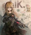  1girl bangs belt black_gloves black_legwear blonde_hair coat cowboy_shot frown gloves green_eyes gun headphones headset highres holding holding_gun holding_weapon long_hair looking_at_viewer military military_uniform original rifle scyze solo standing thigh-highs trigger_discipline uniform wavy_hair weapon 