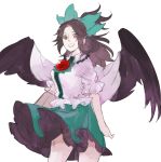  1girl asakura_noi black_hair black_wings brown_eyes feathered_wings hair_ribbon long_hair looking_at_viewer open_mouth red_eyes reiuji_utsuho ribbon skirt smile solo third_eye touhou white_background wings 