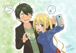  ... 1boy 1girl ;d akizuki_kouyou blend_s blush breasts casual couple david_dai eyebrows_visible_through_hair eyes_visible_through_hair green_hair hinata_kaho long_sleeves medium_breasts musical_note one_eye_closed open_mouth phone self_shot skirt smile sweater taking_picture text thought_bubble turtleneck turtleneck_sweater twintails 