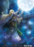  1boy blonde_hair butterfly cape copyright_name force_of_will long_hair male_focus moon night night_sky official_art pointy_ears sky solo tree 