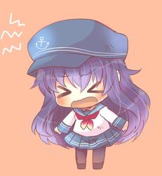  &gt;_&lt; 1girl akatsuki_(kantai_collection) anchor_symbol blue_sailor_collar blue_skirt closed_eyes flat_cap hat kantai_collection kouu_hiyoyo leaning_forward long_hair neckerchief open_mouth orange_background pantyhose pleated_skirt purple_hair red_neckerchief school_uniform serafuku simple_background skirt solo 