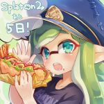  1girl bangs black_shirt blue_hat blunt_bangs conomi-c5 copyright_name domino_mask eating fangs food food_on_face green_eyes green_hair hat holding holding_food hot_dog inkling long_hair looking_at_viewer mask open_mouth peaked_cap pointy_ears portrait shirt splatoon splatoon_2 t-shirt tentacle_hair twitter_username 