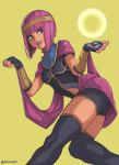  1girl :d artist_name bangs blue_eyes blunt_bangs bob_cut breasts capelet crystal_ball dark_skin egyptian egyptian_clothes fingerless_gloves gloves hair_ornament highres imdsound menat open_mouth orb purple_hair short_hair simple_background smile solo street_fighter street_fighter_v teeth thigh-highs vambraces yellow_background 
