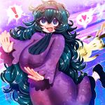  ! 1girl ahoge al_bhed_eyes blue_eyes blush breasts dripping flying_sweatdrops gradient_eyes hairband hakkasame heart hex_maniac_(pokemon) large_breasts long_hair messy_hair mimikyu multicolored multicolored_eyes open_mouth plump pokemon purple_hair ribbed_sweater smile sweat sweater sweating violet_eyes wavy_mouth 