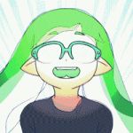 1girl animated animated_gif bangs blunt_bangs epilepsy_warning fangs glasses green_hair inkling long_hair looking_up lowres mike_inel open_mouth semi-rimless_eyewear shirt smile solo speed_lines splatoon tentacle_hair upper_body wide-eyed wind 