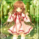  1girl ahoge arms_up blush braid breasts brown_hair closed_mouth contrapposto dress eyebrows_visible_through_hair flower forest hair_flower hair_ornament kanbe_kotori long_hair long_sleeves looking_at_viewer medium_breasts nature over-kneehighs pink_dress red_ribbon rewrite ribbon ritomo smile solo standing thigh-highs tree white_legwear wide_sleeves 