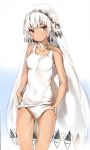  1girl altera_(fate) breasts choker covered_navel dark_skin eyebrows_visible_through_hair fate/grand_order fate_(series) gluteal_fold gradient gradient_background highres looking_at_viewer medium_breasts pink_eyes school_swimsuit short_hair silver_(chenwen) simple_background solo swimsuit tattoo veil white_hair white_school_swimsuit white_swimsuit 