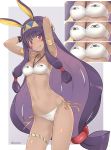  1girl animal_ears armlet armpits arms_behind_head arms_up bikini blush breasts dan_(kumadan) dark_skin earrings expressive_clothes facial_mark fate/grand_order fate_(series) hairband highres hoop_earrings jewelry long_hair looking_at_viewer navel nitocris_(fate/grand_order) nitocris_(swimsuit_assassin)_(fate) purple_hair small_breasts smile solo swimsuit violet_eyes 