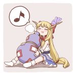  1girl :d blonde_hair blue_ribbon blush chibi closed_eyes commentary dress drooling drunk frills gourd horn_ribbon horns ibuki_suika long_hair low_tied_hair musical_note neck_ribbon oni open_mouth poronegi quaver red_ribbon ribbon smile socks solo speech_bubble spoken_musical_note tied_hair touhou very_long_hair white_dress white_legwear wristband 