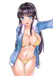  1girl bangs bikini black_hair blue_eyes blue_jacket blunt_bangs breasts jacket large_breasts leaning_forward looking_at_viewer open_mouth original side-tie_bikini simple_background skybuster smile solo swimsuit white_background yellow_bikini 