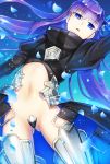 1girl armor armored_boots bangs black_jacket blue_bow blue_eyes blue_hair boots bow cropped_jacket crotch_plate eyebrows_visible_through_hair fate/extra fate/extra_ccc fate/grand_order fate_(series) gradient_eyes gradient_hair greaves hair_between_eyes hair_bow high_collar jacket knee_boots light_particles long_hair long_sleeves looking_at_viewer meltlilith multicolored multicolored_eyes multicolored_hair navel open_clothes open_mouth parted_lips petals puffy_long_sleeves puffy_sleeves purple_hair raito_(latek) shiny shiny_hair solo very_long_hair violet_eyes 