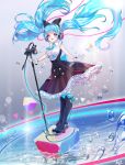  1girl black_boots black_bow blue_bow blue_eyes blue_hair blue_necktie blue_ribbon boots bow floating_hair full_body gloves hair_bow hatsune_miku headphones high_heel_boots high_heels highres knee_boots long_hair magical_mirai_(vocaloid) microphone_stand necktie pantyhose ribbon shirt signature sleeveless sleeveless_shirt solo standing tbag twintails very_long_hair vocaloid white_gloves white_legwear white_shirt 