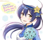  1girl alternate_hairstyle bangs birthday blue_hair blush commentary_request food hair_between_eyes hat hirako ice_cream long_hair looking_at_viewer love_live! love_live!_school_idol_festival love_live!_school_idol_project necktie open_mouth ponytail solo sonoda_umi upper_body yellow_eyes 