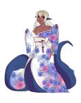  1girl animal_ears bare_shoulders blue_kimono breasts cleavage closed_mouth dark_skin earrings facial_mark floral_print full_body gradient_hair grey_hair highres japanese_clothes jewelry kimono lamia large_breasts long_hair long_sleeves looking_at_viewer manos monster_girl multicolored_hair obi off_shoulder pink_eyes pointy_ears sash simple_background sleeves_past_wrists smile solo standing very_long_hair white_background white_hair white_kimono wide_sleeves 