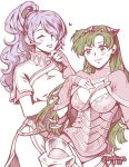  2girls armor black_armor blue_eyes blush breasts camilla_(fire_emblem_if) camilla_(fire_emblem_if)_(cosplay) cleavage cosplay dress fire_emblem fire_emblem:_rekka_no_ken fire_emblem_heroes fire_emblem_if gloves green_hair hair_over_one_eye highres large_breasts liefe lips long_hair lyndis_(fire_emblem) lyndis_(fire_emblem)_(cosplay) multiple_girls open_mouth ponytail purple_hair smile tiara very_long_hair wavy_hair 