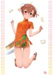  1girl brown_eyes brown_hair brown_shorts bun_cover china_dress chinese_clothes double_bun dress full_body gekota highres jumping misaka_mikoto open_toe_shoes orange_dress puma_(hyuma1219) shoes short_hair shorts shorts_under_dress simple_background solo to_aru_kagaku_no_railgun to_aru_majutsu_no_index white_background 