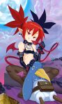  1girl black_gloves breasts choker demon_girl demon_tail demon_wings disgaea draw-till-death earrings elbow_gloves etna feet gloves highres jewelry looking_at_viewer makai_senki_disgaea no_shoes prinny red_eyes redhead skull_earrings slit_pupils small_breasts smile squatting stomach sweat tail toes twintails wings 