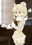  1girl :d alpaca_ears alpaca_suri_(kemono_friends) blonde_hair cup fur_collar fur_trim grey_eyes hair_over_one_eye hair_tubes highres holding holding_tray kemono_friends long_sleeves open_mouth saucer shelf short_hair smile solo table tatsuki_(irodori)_(style) teacup tray tsukkun window 