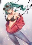  1girl black_bra bra breasts collarbone earrings floating_hair green_eyes green_hair hands_in_pockets hatsune_miku highres honey_yun jewelry long_hair medium_breasts navel solo suna_no_wakusei_(vocaloid) sunglasses sunglasses_on_head twintails underwear vocaloid 