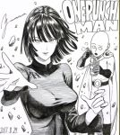  1boy 1girl 2017 alternate_costume bald bangs black_hair blunt_bangs breasts cape china_dress chinese_clothes chopsticks covered_navel dated debris dress fubuki_(one-punch_man) gloves greyscale hands large_breasts lips long_sleeves looking_at_viewer monochrome murata_yuusuke one-punch_man ramen saitama_(one-punch_man) short_hair simple_background upper_body white_background 