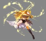  1girl blonde_hair boots breasts cleavage fingerless_gloves full_body gauntlets gloves grey_background highres long_hair midriff navel orange_scarf rwby scarf shorts simple_background smile solo sparkle violet_eyes yang_xiao_long 