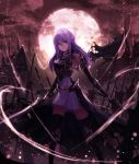  1girl armor belt black_legwear detached_sleeves dual_wielding flag holding holding_sword holding_weapon long_hair looking_at_viewer moon motion_lines night night_sky original planted_spear planted_sword planted_weapon purple_hair see_n sky standing sword tattered_flag thigh-highs violet_eyes weapon 