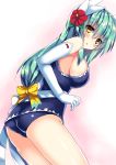  1girl blue_swimsuit blush breasts commentary_request elbow_gloves eyebrows_visible_through_hair fate/grand_order fate_(series) flower gloves green_hair hair_between_eyes hair_flower hair_ornament hair_ribbon kiyohime_(fate/grand_order) long_hair looking_at_viewer ribbon ryokushiki_(midori-ya) school_swimsuit sideboob simple_background solo swimsuit white_gloves yellow_eyes yellow_ribbon 
