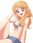  1girl :d aikatsu! bangs bare_arms bare_shoulders bikini bikini_under_clothes blonde_hair blush breasts commentary denim denim_shorts eyebrows_visible_through_hair feet_out_of_frame floral_print hair_over_shoulder hand_in_hair highres knee_up long_hair looking_at_viewer multicolored multicolored_eyes natsuki_mikuru navel open_mouth red_eyes sekina short_shorts shorts simple_background sitting small_breasts smile solo swimsuit violet_eyes wet white_background 