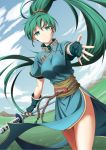  1girl day dutch_angle earrings fingerless_gloves fire_emblem fire_emblem:_rekka_no_ken floating_hair gloves green_eyes green_gloves green_hair hair_between_eyes hair_ornament high_ponytail highres holding holding_sword holding_weapon jewelry kakiko210 katana long_hair looking_at_viewer lyndis_(fire_emblem) outdoors sheath sheathed smile solo standing sword very_long_hair weapon 