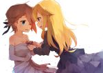  2girls :d alternate_costume ange_(princess_principal) bare_shoulders black_dress blonde_hair blue_eyes blush braid breasts cleavage clenched_hand collarbone couple dress elbow_gloves eye_contact female formal friends gloves grey_hair hair_flaps highres long_hair long_sleeves looking_at_another multiple_girls neck open_mouth princess_(princess_principal) princess_principal ribbon rimukoro shade short_hair smile strapless strapless_dress white_background white_dress yuri 