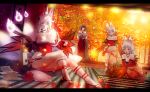  3d 4girls alcohol animal_ears autumn autumn_leaves bottle breasts cleavage commentary cup fox_ears fox_tail highres japanese_clothes kitsune large_breasts long_hair miko mother_and_daughter multiple_girls multiple_tails original saiko_psycho sakazuki sake sake_bottle tail white_hair 