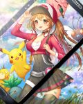  1girl :d adjusting_clothes adjusting_hat backpack bag black_choker black_legwear black_skirt blush breasts brown_hair butterfree cellphone day female_protagonist_(pokemon_go) hat jigglypuff jumping long_hair medium_breasts oddish open_mouth outdoors phone pikachu pocket_monsters_pipipi_adventure pokemon pokemon_(game) pokemon_go ponytail psyduck skirt smartphone smile standing sunlight tanzzi thigh-highs 