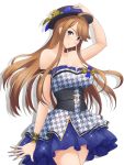  1girl adjusting_clothes adjusting_hat blue_eyes breasts brown_hair corset dress hat highres idolmaster idolmaster_million_live! idolmaster_million_live!_theater_days long_hair looking_at_viewer medium_breasts shadow smile solo tokoro_megumi toyatokage white_background 